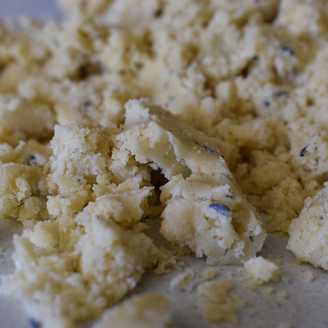 Crumbly dough ready to clump together"